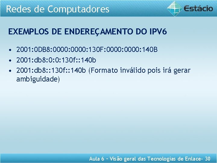 Redes de Computadores EXEMPLOS DE ENDEREÇAMENTO DO IPV 6 • 2001: 0 DB 8: