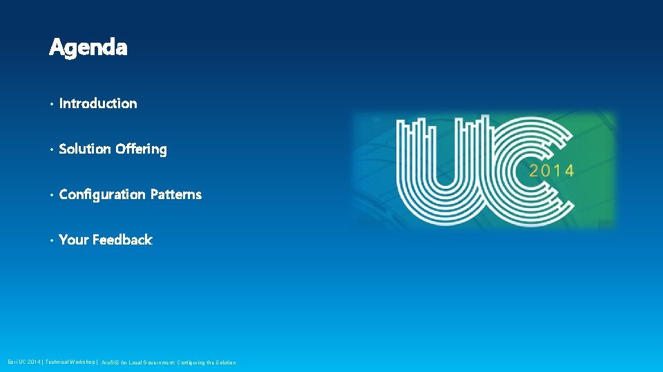 Agenda • Introduction • Solution Offering • Configuration Patterns • Your Feedback Esri UC