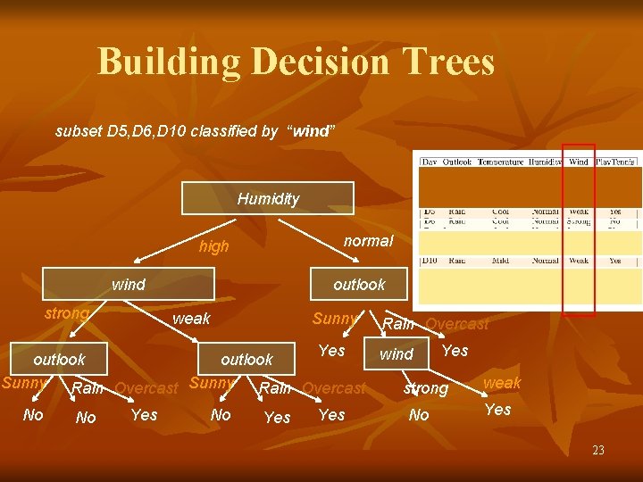 Building Decision Trees subset D 5, D 6, D 10 classified by “wind” Humidity