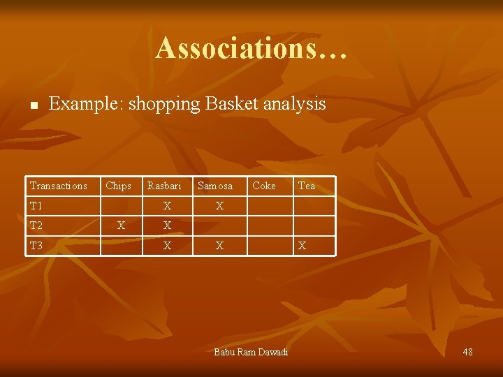 Associations… n Example: shopping Basket analysis Transactions Chips T 1 T 2 T 3