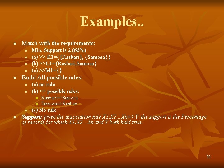 Examples. . n Match with the requirements: n n n Min. Support is 2