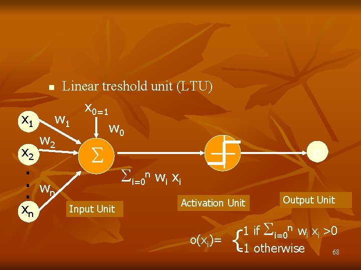 Linear treshold unit (LTU) x 0=1 w 0 n x 1 x 2 .