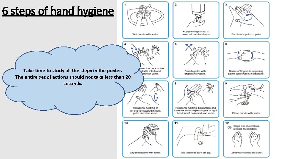 6 steps of hand hygiene Take time to study all the steps in the