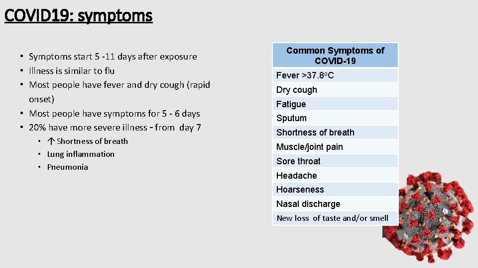 COVID 19: symptoms • Symptoms start 5 -11 days after exposure • Illness is