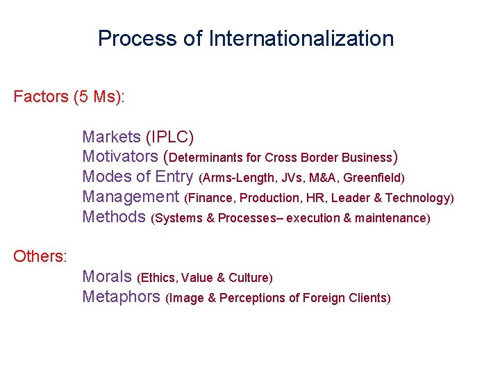 Process of Internationalization Factors (5 Ms): Markets (IPLC) Motivators (Determinants for Cross Border Business)