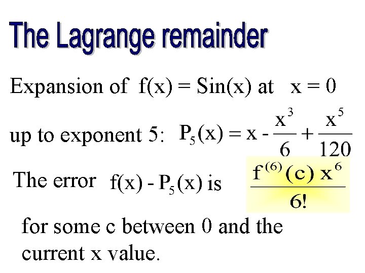 Expansion of f(x) = Sin(x) at x = 0 up to exponent 5: The