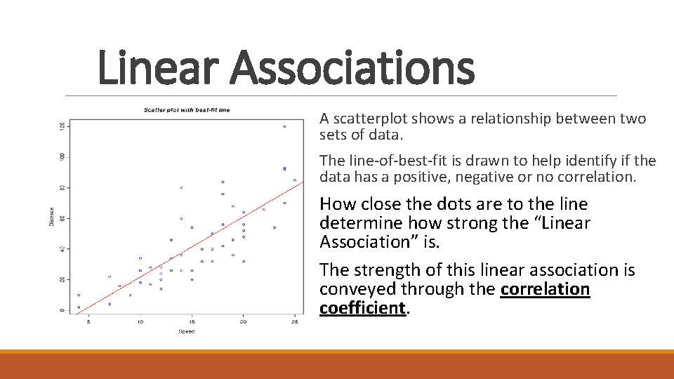 Linear Associations A scatterplot shows a relationship between two sets of data. The line-of-best-fit