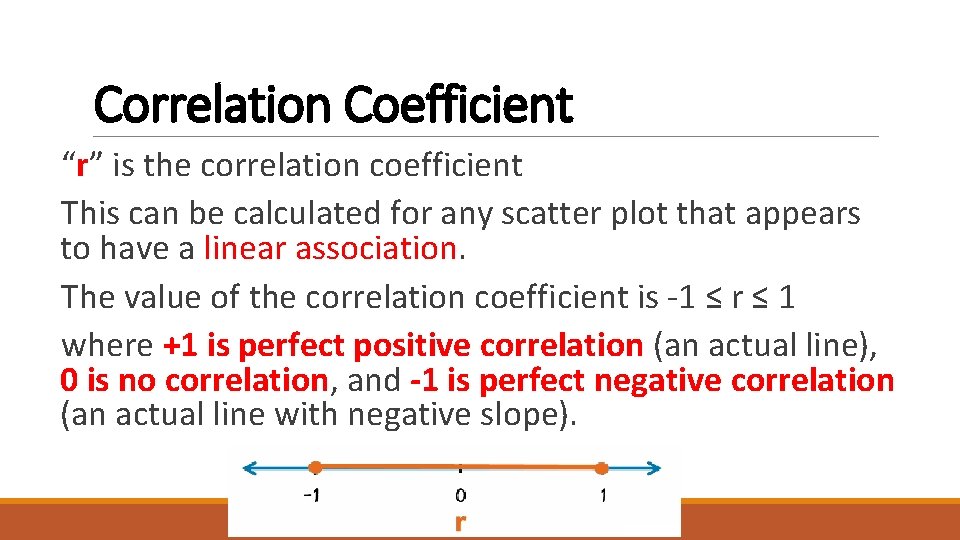 Correlation Coefficient “r” is the correlation coefficient This can be calculated for any scatter