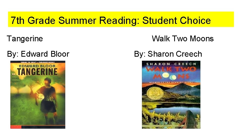 7 th Grade Summer Reading: Student Choice Tangerine By: Edward Bloor Walk Two Moons