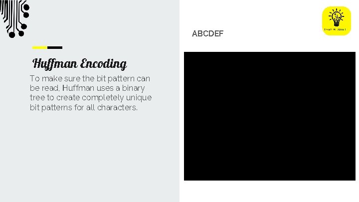 ABCDEF Huffman Encoding To make sure the bit pattern can be read, Huffman uses