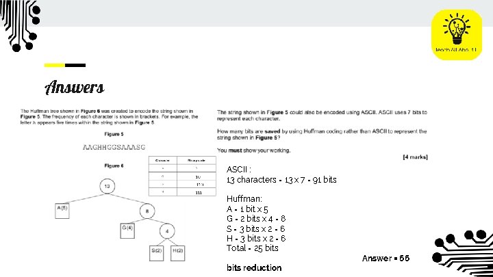 Answers ASCII : 13 characters = 13 x 7 = 91 bits Huffman: A