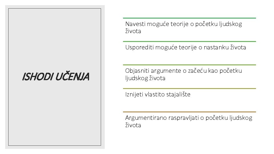 Navesti moguće teorije o početku ljudskog života Usporediti moguće teorije o nastanku života ISHODI