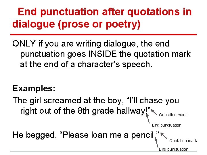 End punctuation after quotations in dialogue (prose or poetry) ONLY if you are writing