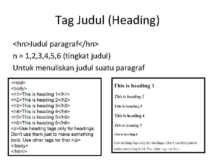 Tag Judul (Heading) <hn>Judul paragraf</hn> n = 1, 2, 3, 4, 5, 6 (tingkat
