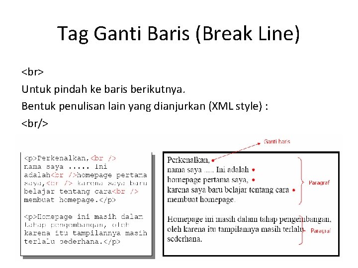 Tag Ganti Baris (Break Line) Untuk pindah ke baris berikutnya. Bentuk penulisan lain yang