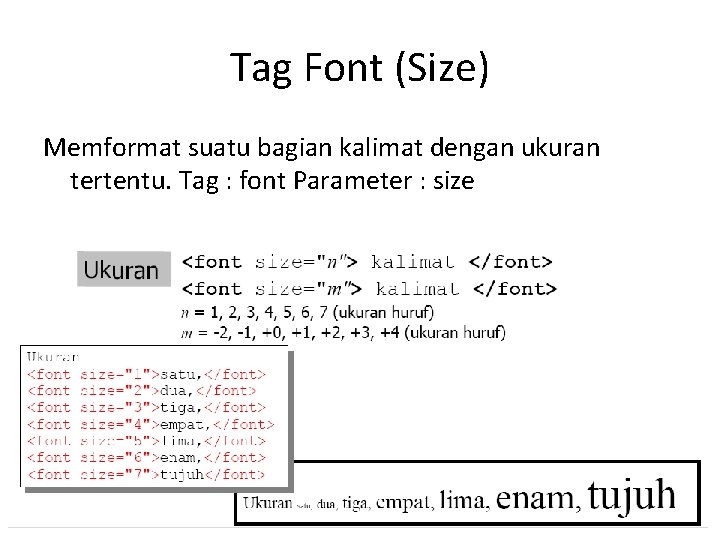 Tag Font (Size) Memformat suatu bagian kalimat dengan ukuran tertentu. Tag : font Parameter