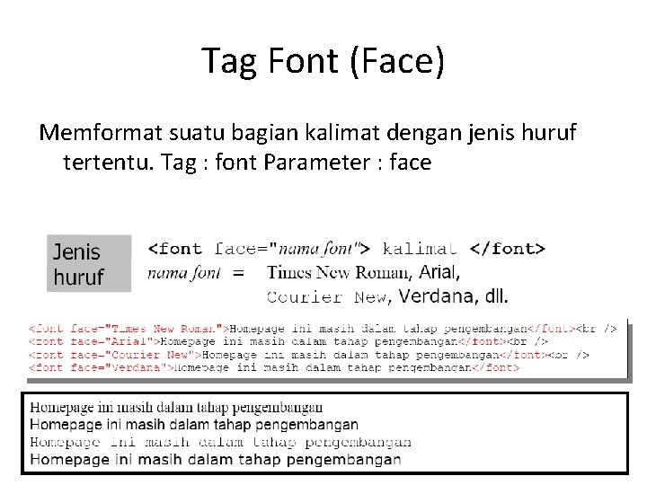 Tag Font (Face) Memformat suatu bagian kalimat dengan jenis huruf tertentu. Tag : font