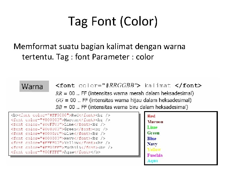 Tag Font (Color) Memformat suatu bagian kalimat dengan warna tertentu. Tag : font Parameter