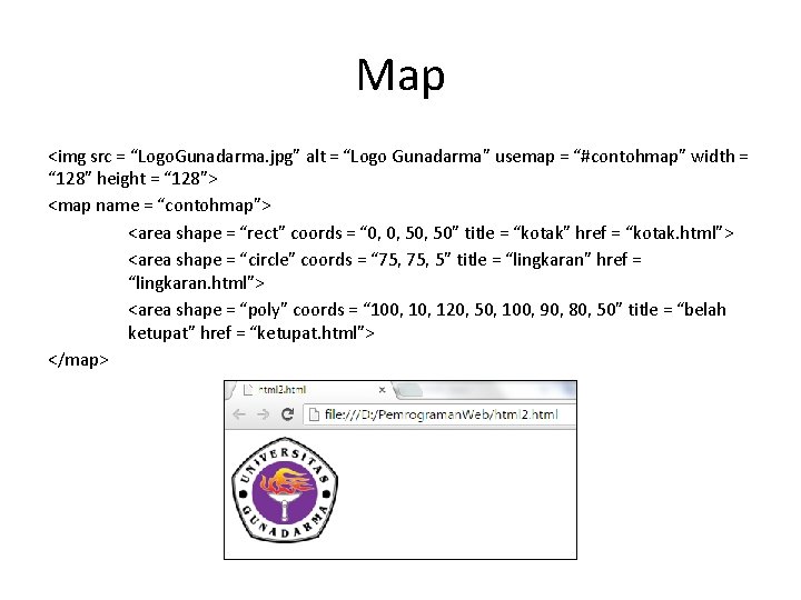 Map <img src = “Logo. Gunadarma. jpg” alt = “Logo Gunadarma” usemap = “#contohmap”