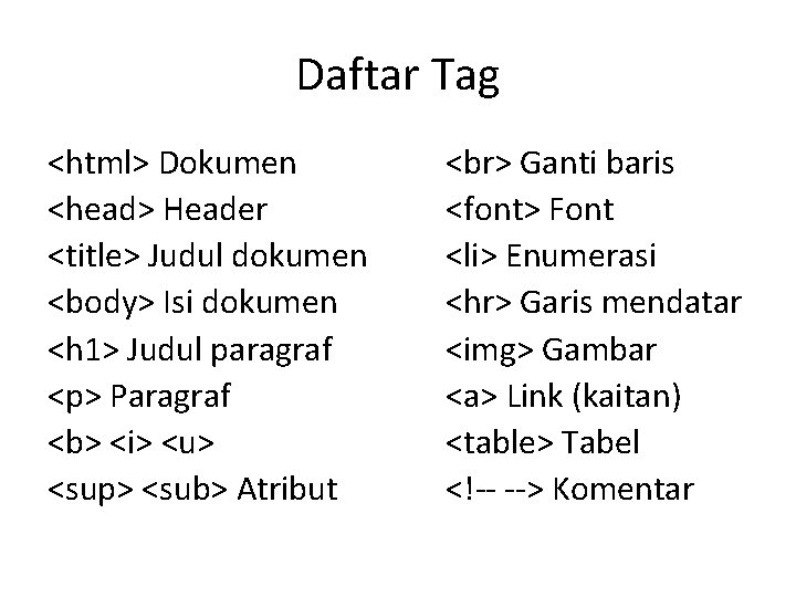 Daftar Tag <html> Dokumen <head> Header <title> Judul dokumen <body> Isi dokumen <h 1>