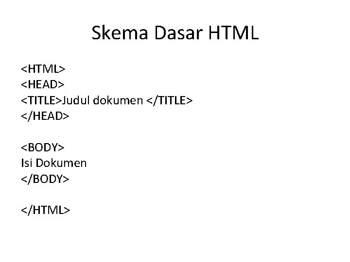 Skema Dasar HTML <HTML> <HEAD> <TITLE>Judul dokumen </TITLE> </HEAD> <BODY> Isi Dokumen </BODY> </HTML>