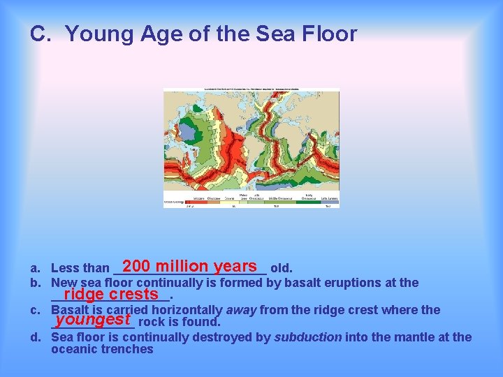 C. Young Age of the Sea Floor 200 million years old. a. Less than