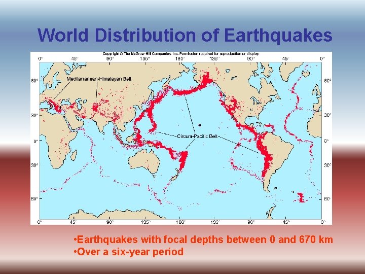 World Distribution of Earthquakes • Earthquakes with focal depths between 0 and 670 km