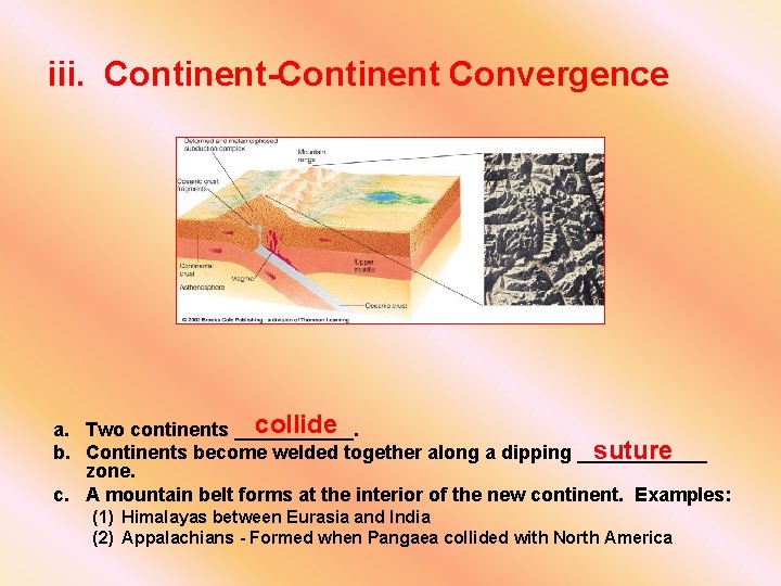 iii. Continent-Continent Convergence collide a. Two continents ______. suture b. Continents become welded together