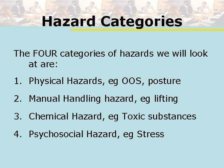 Hazard Categories The FOUR categories of hazards we will look at are: 1. Physical