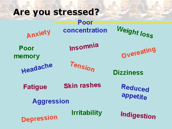 Are you stressed? y t e i x An Poor concentration Tens e h