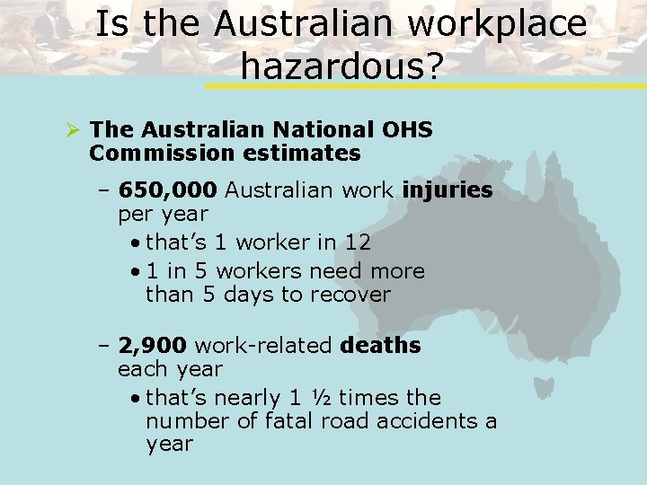Is the Australian workplace hazardous? Ø The Australian National OHS Commission estimates – 650,