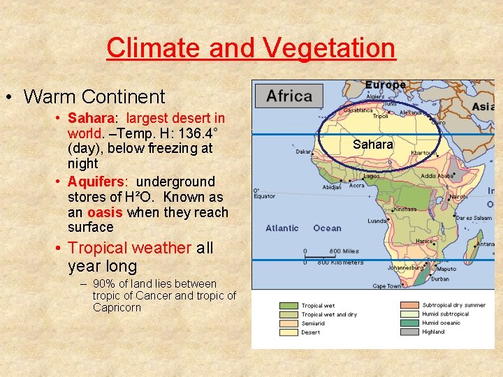 Climate and Vegetation • Warm Continent • Sahara: largest desert in world. –Temp. H: