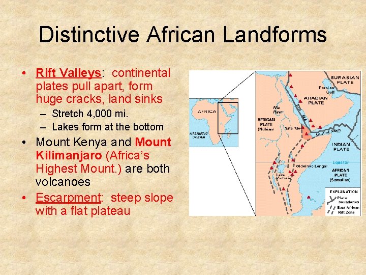 Distinctive African Landforms • Rift Valleys: continental plates pull apart, form huge cracks, land