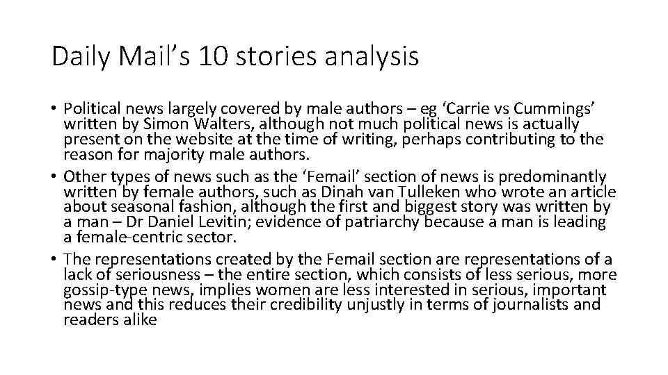 Daily Mail’s 10 stories analysis • Political news largely covered by male authors –
