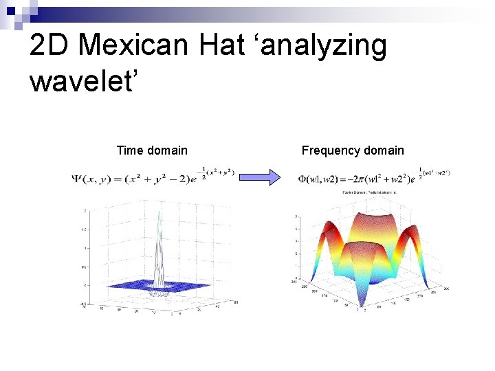 2 D Mexican Hat ‘analyzing wavelet’ Time domain Frequency domain 