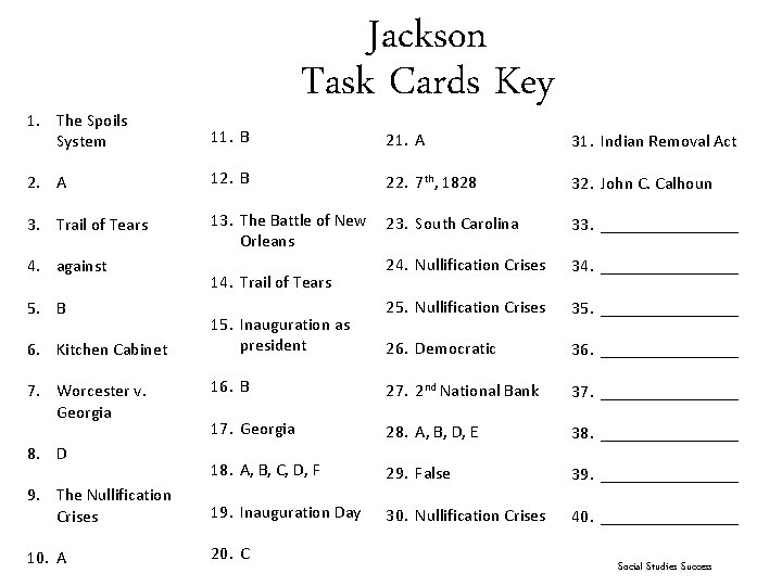 1. The Spoils System 11. B 2. A 3. Trail of Tears Jackson Task