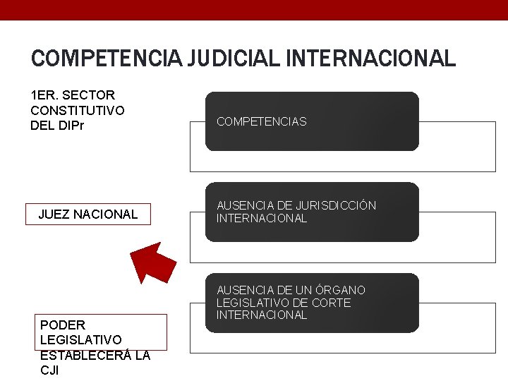 COMPETENCIA JUDICIAL INTERNACIONAL 1 ER. SECTOR CONSTITUTIVO DEL DIPr JUEZ NACIONAL PODER LEGISLATIVO ESTABLECERÁ