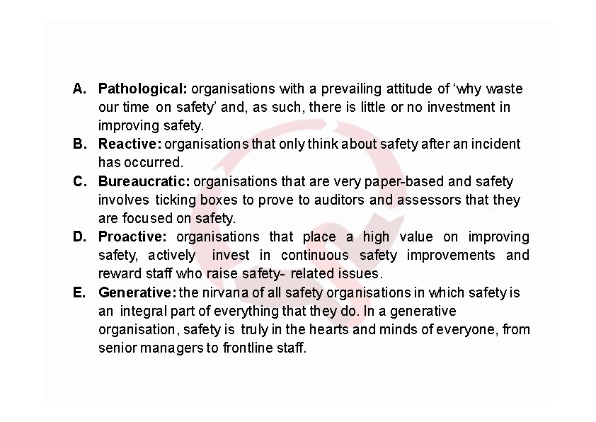 A. Pathological: organisations with a prevailing attitude of ‘why waste our time on safety’