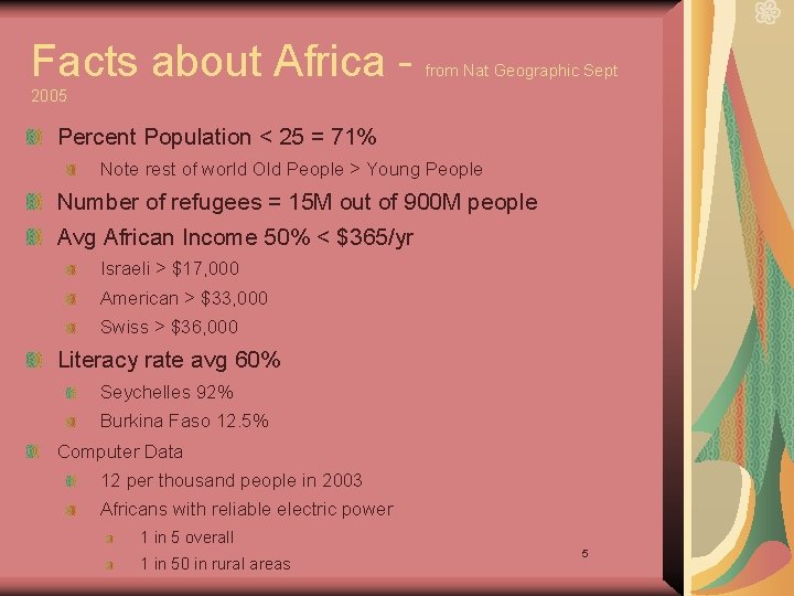 Facts about Africa - from Nat Geographic Sept 2005 Percent Population < 25 =