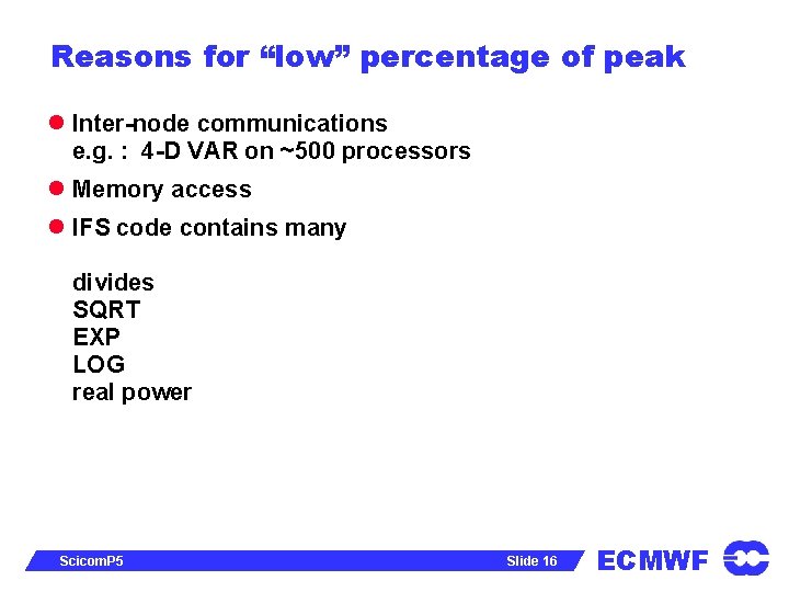 Reasons for “low” percentage of peak l Inter-node communications e. g. : 4 -D