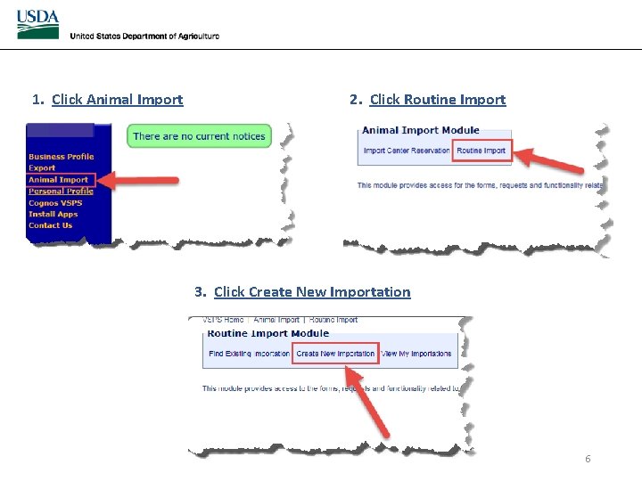 1. Click Animal Import 2. Click Routine Import 3. Click Create New Importation 6 1. Click Animal Import 2. Click Routine Import 3. Click Create New Importation 6