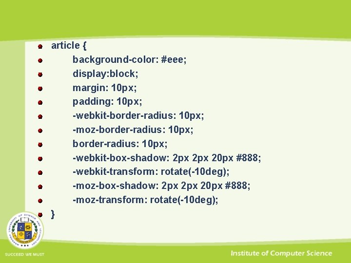article { background-color: #eee; display: block; margin: 10 px; padding: 10 px; -webkit-border-radius: 10