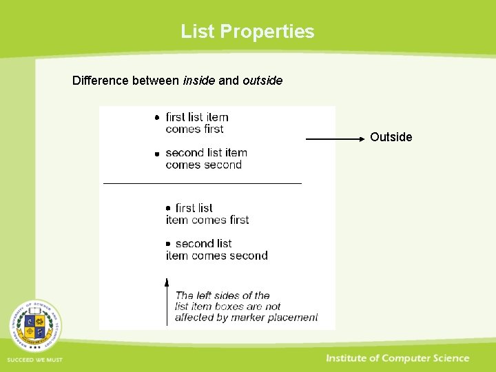 List Properties Difference between inside and outside Outside 