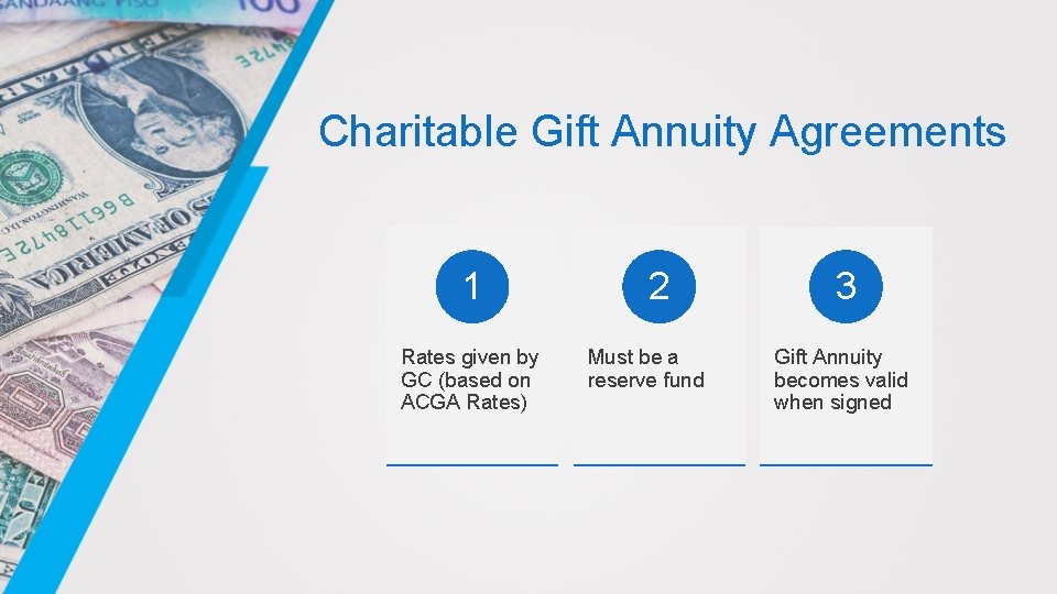 Charitable Gift Annuity Agreements 1 Rates given by GC (based on ACGA Rates) 2 Charitable Gift Annuity Agreements 1 Rates given by GC (based on ACGA Rates) 2