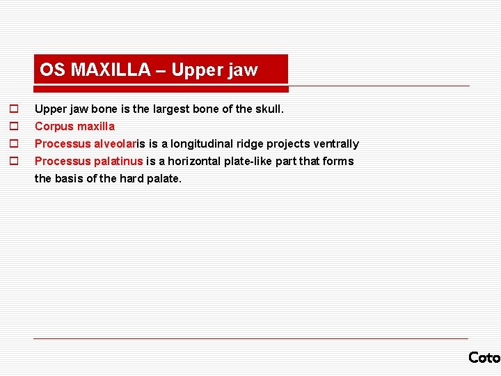 OS MAXILLA – Upper jaw o Upper jaw bone is the largest bone of