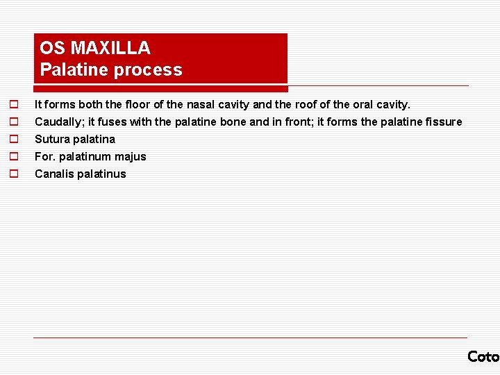 OS MAXILLA Palatine process o It forms both the floor of the nasal cavity