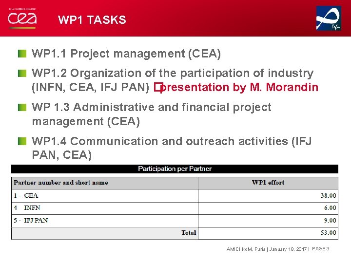 WP 1 TASKS WP 1. 1 Project management (CEA) WP 1. 2 Organization of