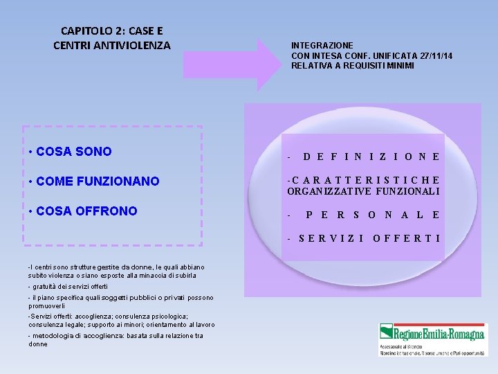 CAPITOLO 2: CASE E CENTRI ANTIVIOLENZA • COSA SONO INTEGRAZIONE CON INTESA CONF. UNIFICATA