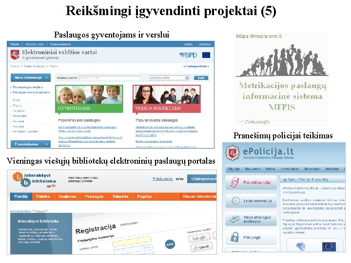 Reikšmingi įgyvendinti projektai (5) Paslaugos gyventojams ir verslui Pranešimų policijai teikimas Vieningas viešųjų bibliotekų