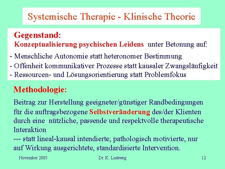 Systemische Therapie - Klinische Theorie Gegenstand: Konzeptualisierung psychischen Leidens unter Betonung auf: - Menschliche
